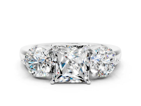 White gold Princess Cut Moissanite Three-Stone Ring with Prong Setting and Classic Band