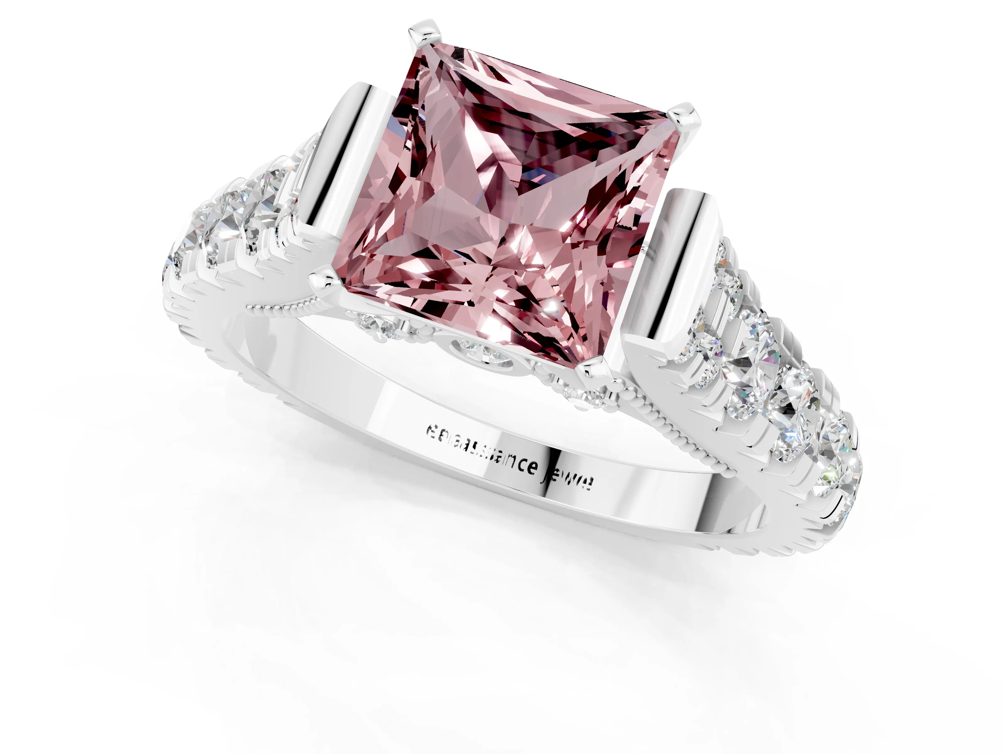 White gold Princess Cut Morganite Classic Solitaire Ring with Pavé Band and Four-Prong Setting_1