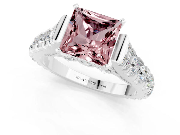 Platinum Princess Cut Morganite Classic Solitaire Ring with Pavé Band and Four-Prong Setting