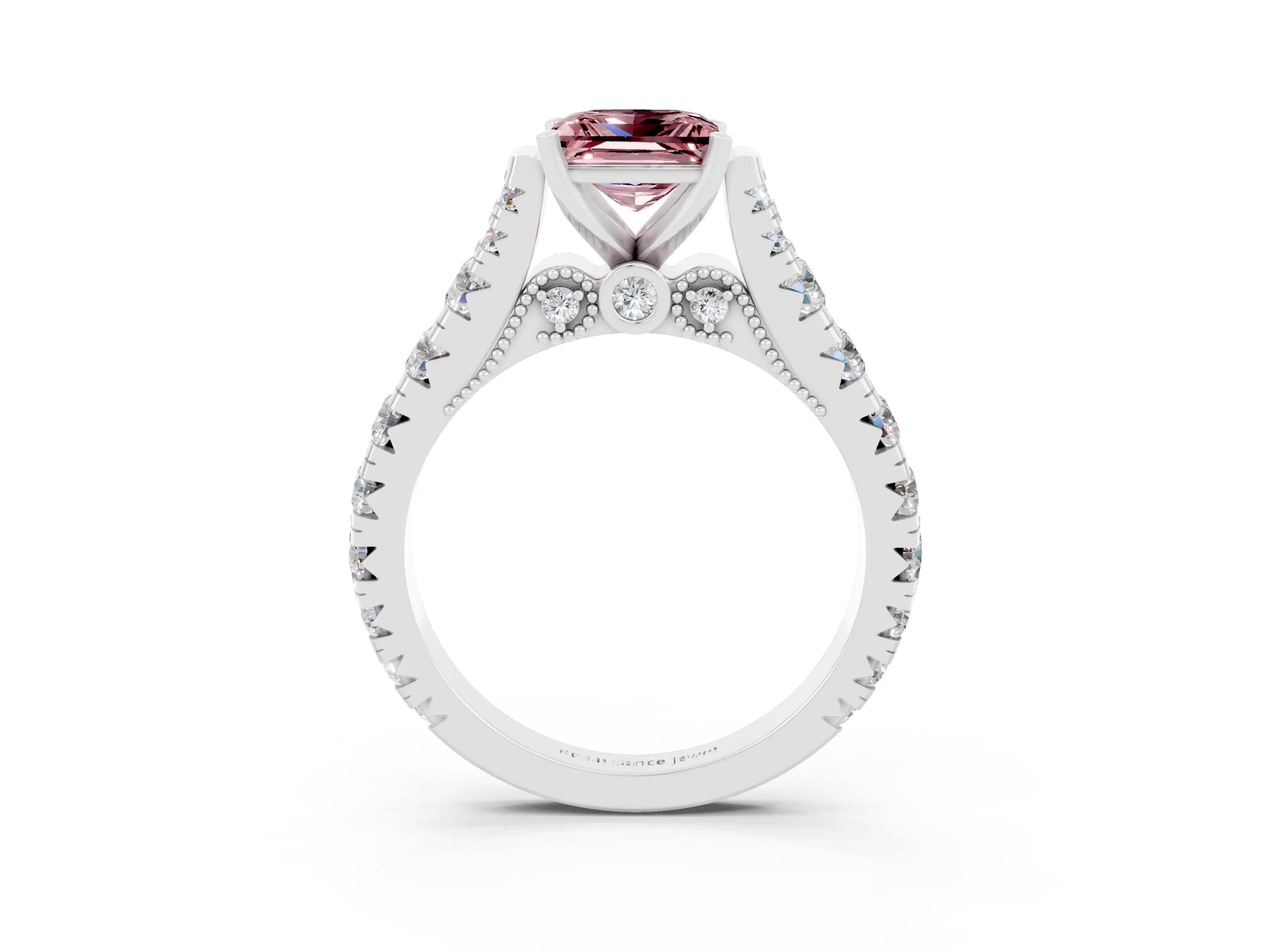 White gold Princess Cut Morganite Classic Solitaire Ring with Pavé Band and Four-Prong Setting_3