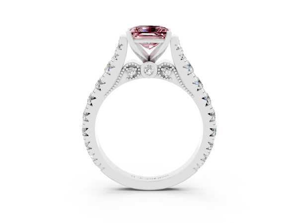 White gold Princess Cut Morganite Classic Solitaire Ring with Pavé Band and Four-Prong Setting