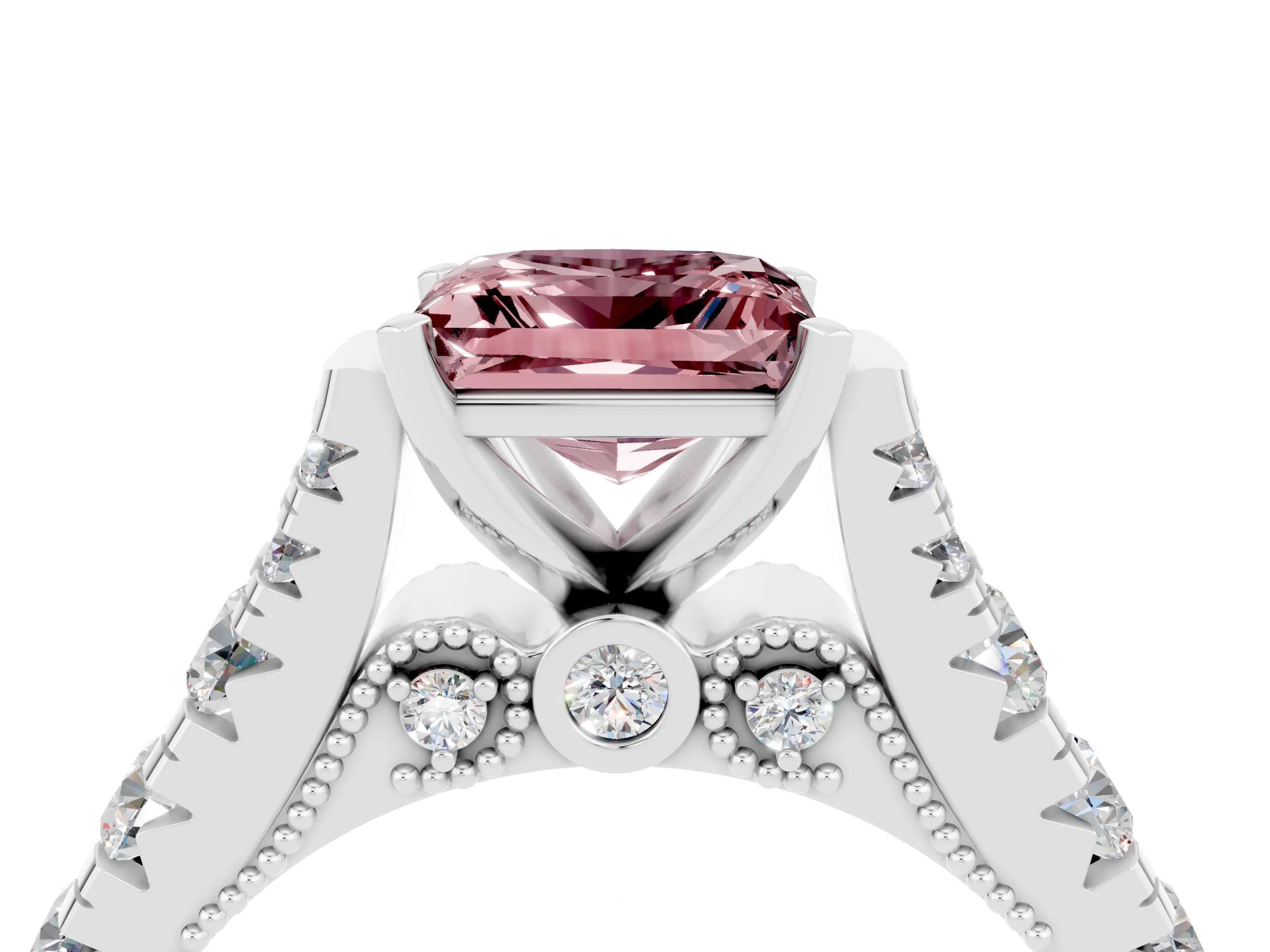 White gold Princess Cut Morganite Classic Solitaire Ring with Pavé Band and Four-Prong Setting_4