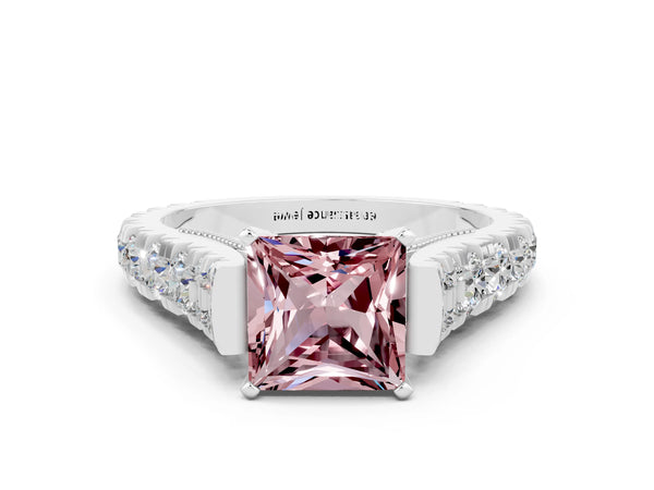 White gold Princess Cut Morganite Classic Solitaire Ring with Pavé Band and Four-Prong Setting