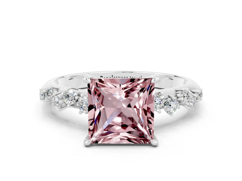 White gold Princess Cut Morganite Cluster Side Stone Solitaire Ring with Prong Setting_24