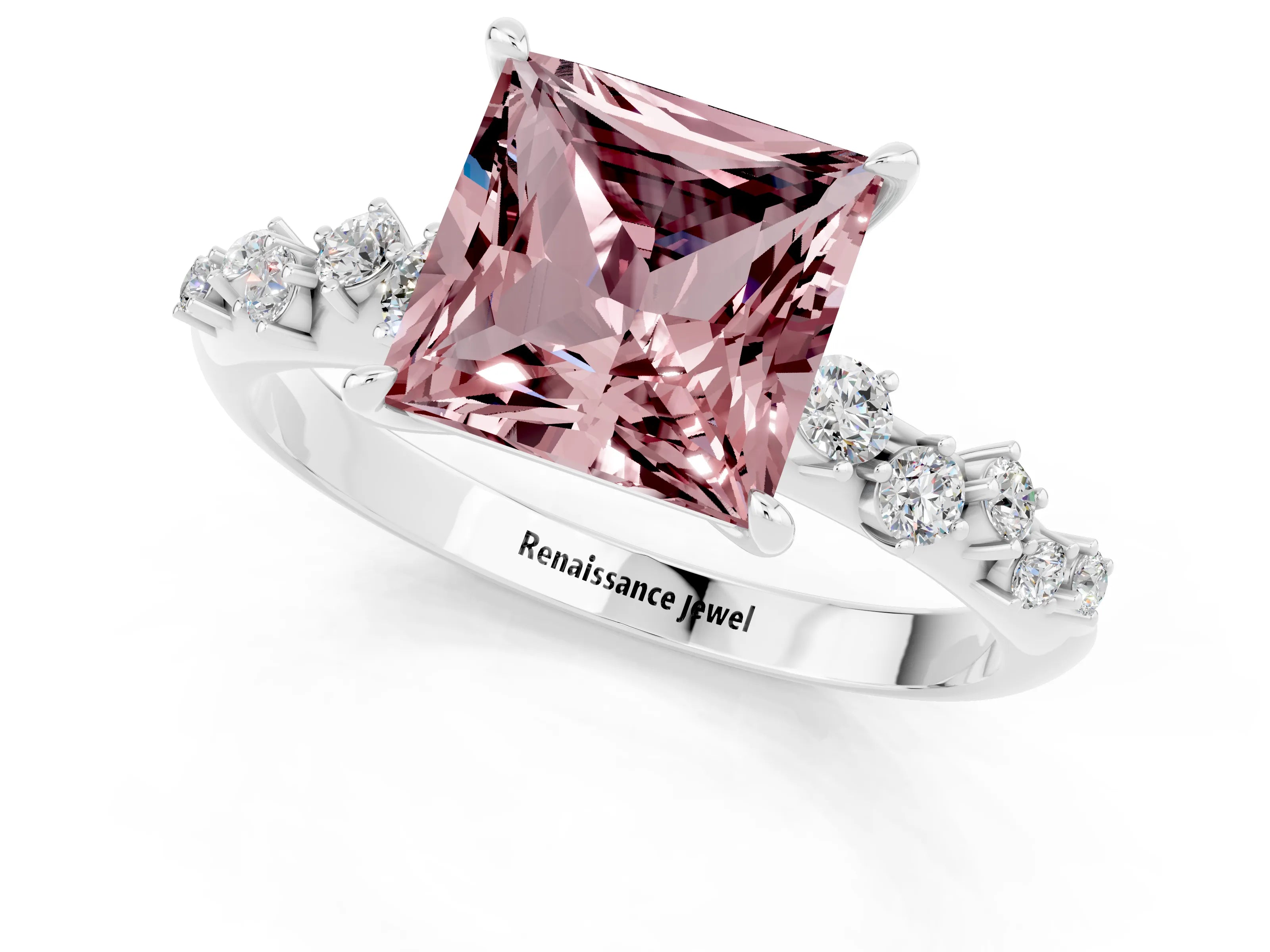 White gold Princess Cut Morganite Cluster Side Stone Solitaire Ring with Prong Setting_25