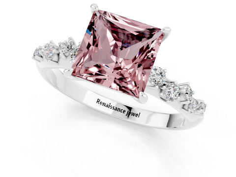 White gold Princess Cut Morganite Cluster Side Stone Solitaire Ring with Prong Setting_25