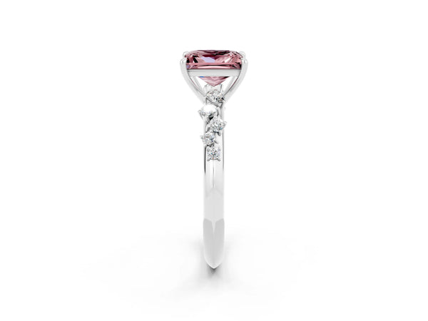 Silver Princess Cut Morganite Cluster Side Stone Solitaire Ring with Prong Setting