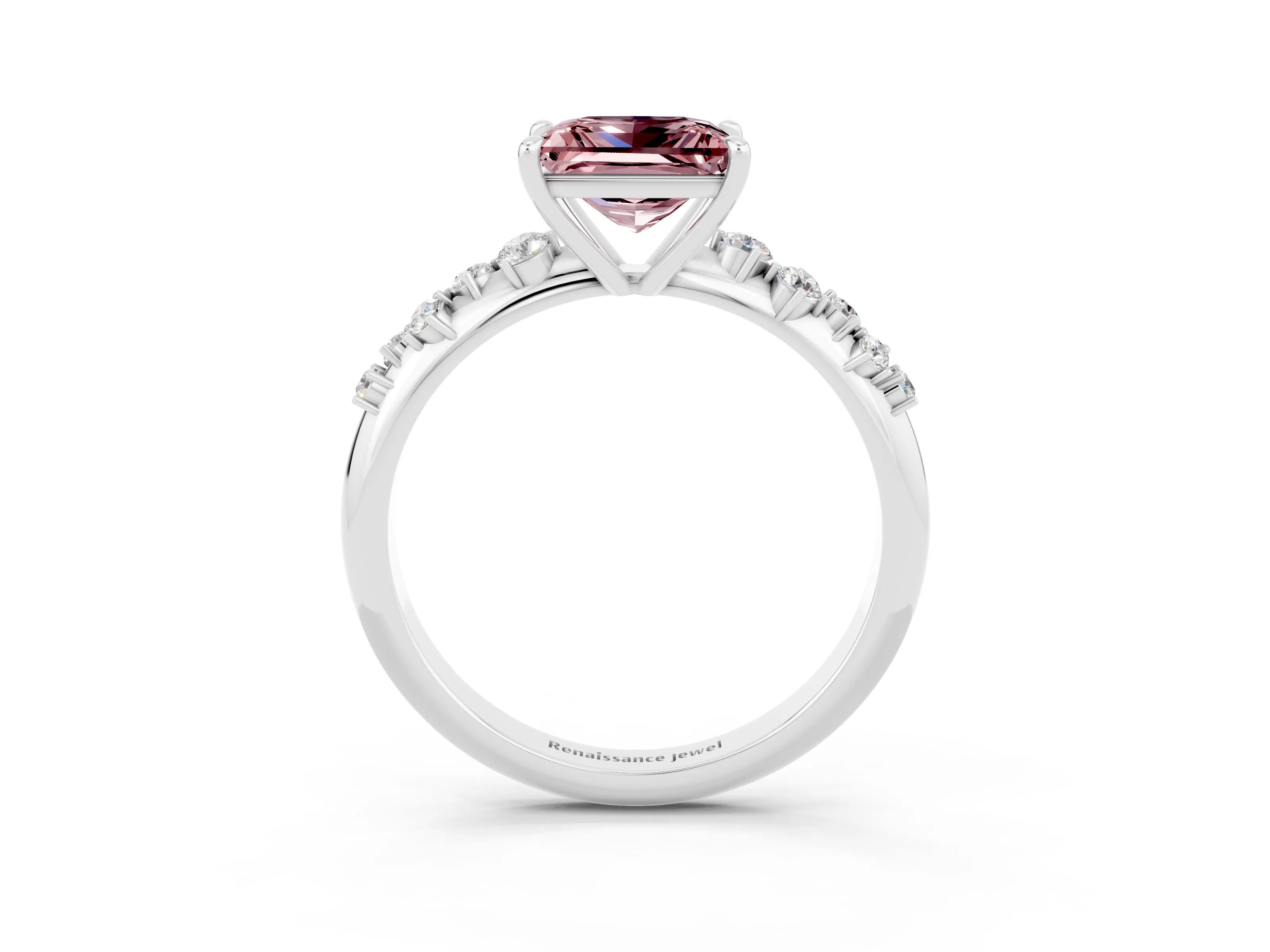White gold Princess Cut Morganite Cluster Side Stone Solitaire Ring with Prong Setting_27