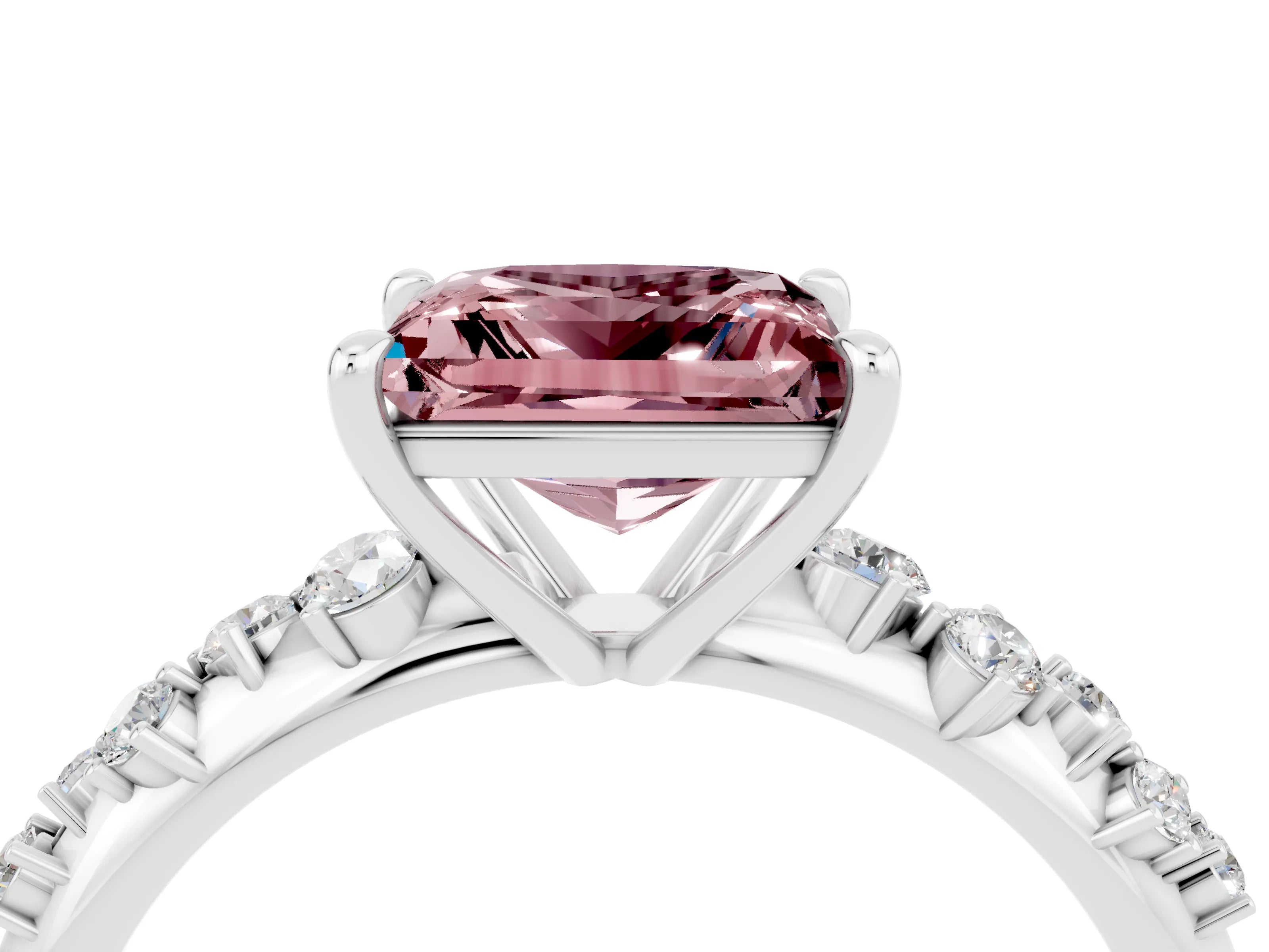 White gold Princess Cut Morganite Cluster Side Stone Solitaire Ring with Prong Setting_28