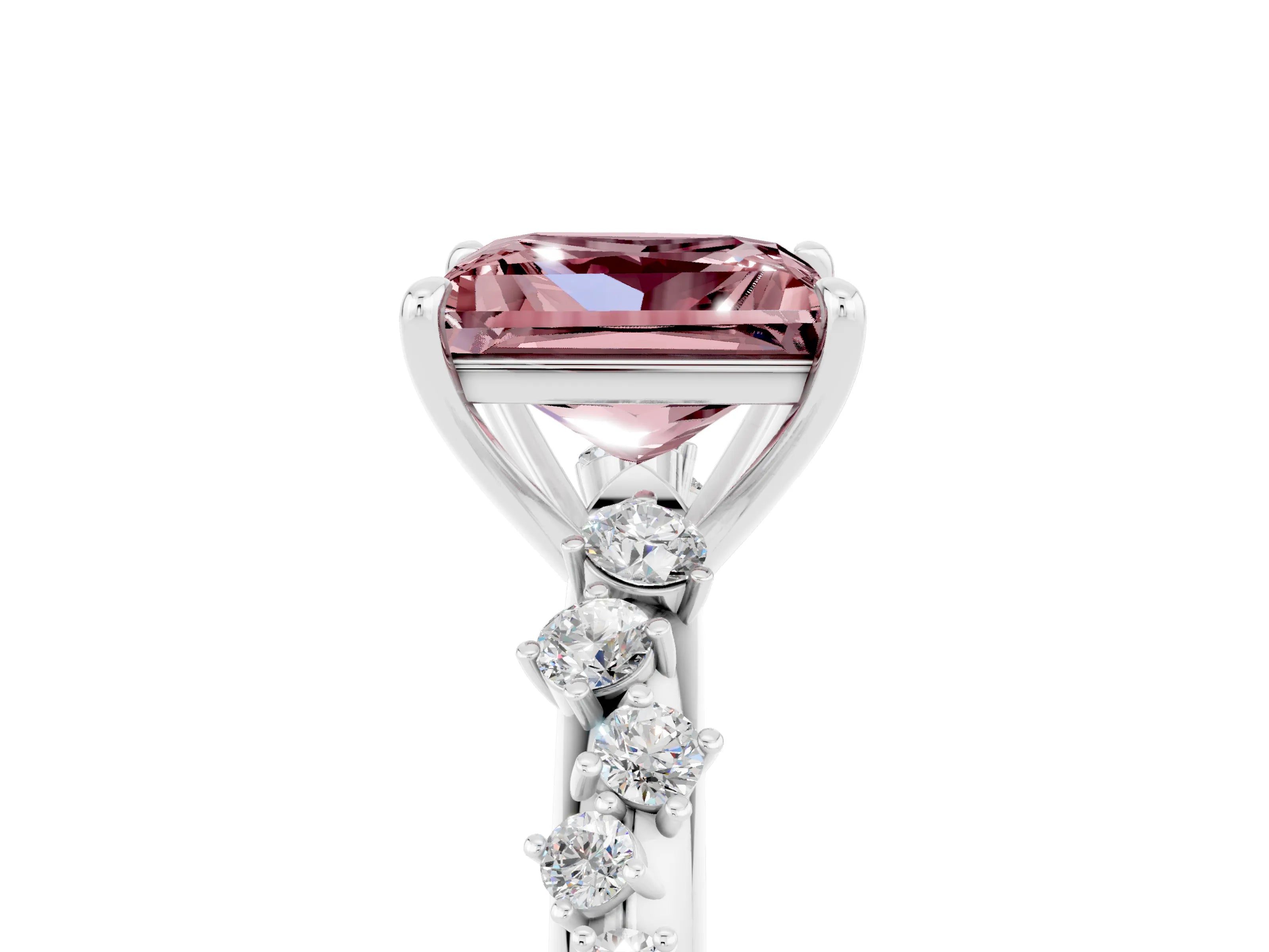 White gold Princess Cut Morganite Cluster Side Stone Solitaire Ring with Prong Setting_29