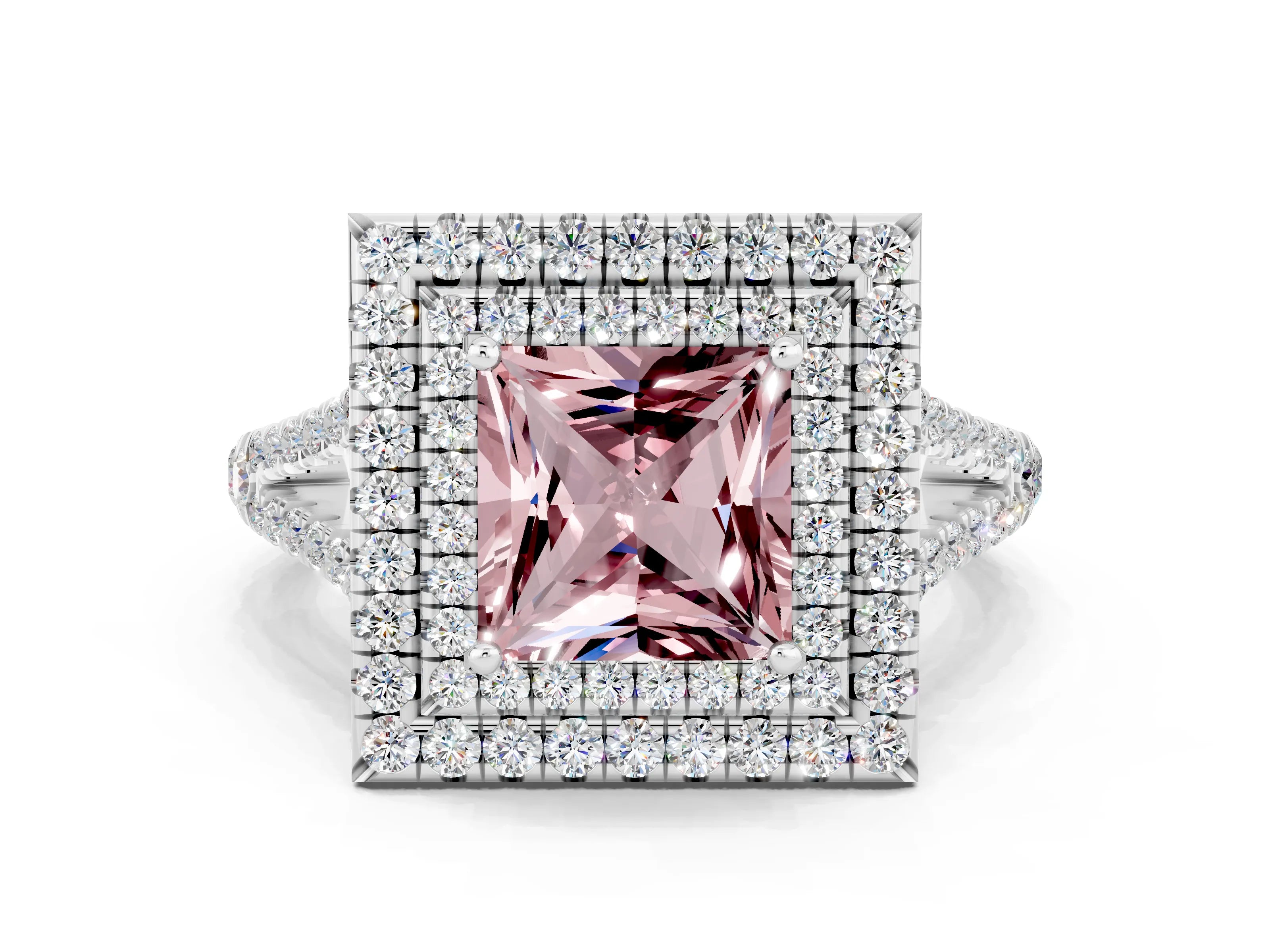 White gold Princess Cut Morganite Double Halo Ring with Pavé Band and Prong Setting_12