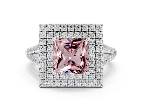 White gold Princess Cut Morganite Double Halo Ring with Pavé Band and Prong Setting_12