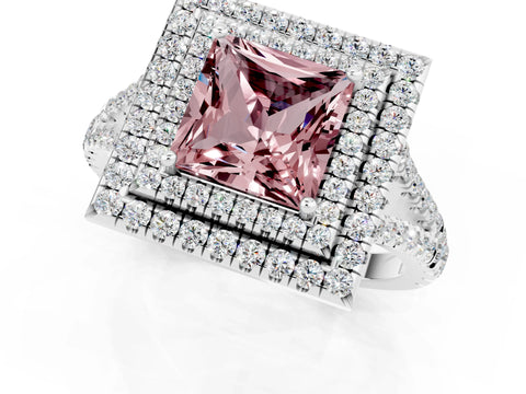 White gold Princess Cut Morganite Double Halo Ring with Pavé Band and Prong Setting_13