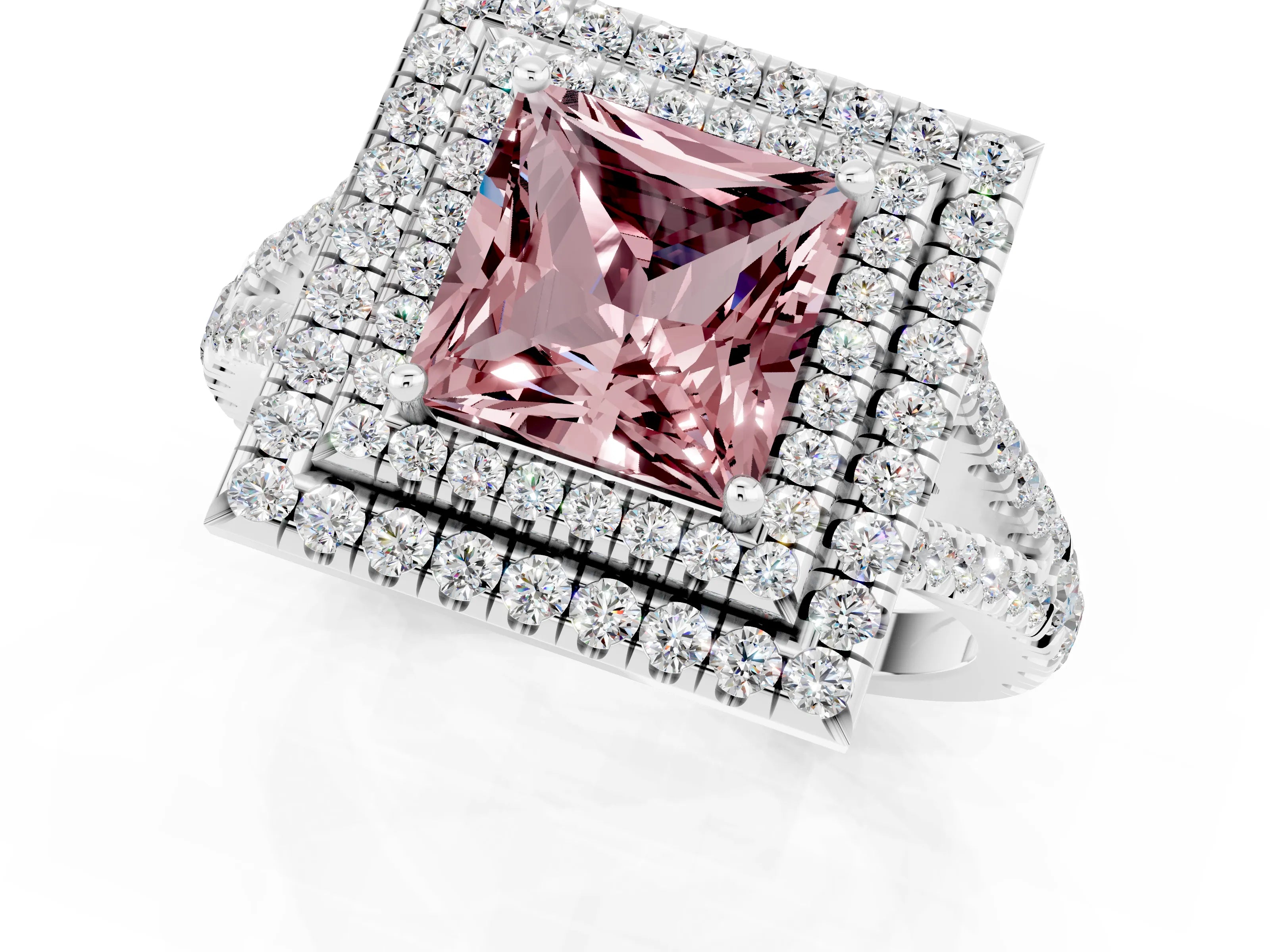 White gold Princess Cut Morganite Double Halo Ring with Pavé Band and Prong Setting_13