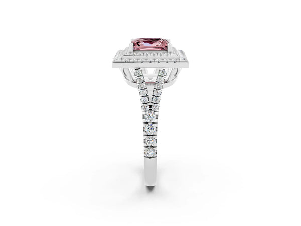 Platinum Princess Cut Morganite Double Halo Ring with Pavé Band and Prong Setting