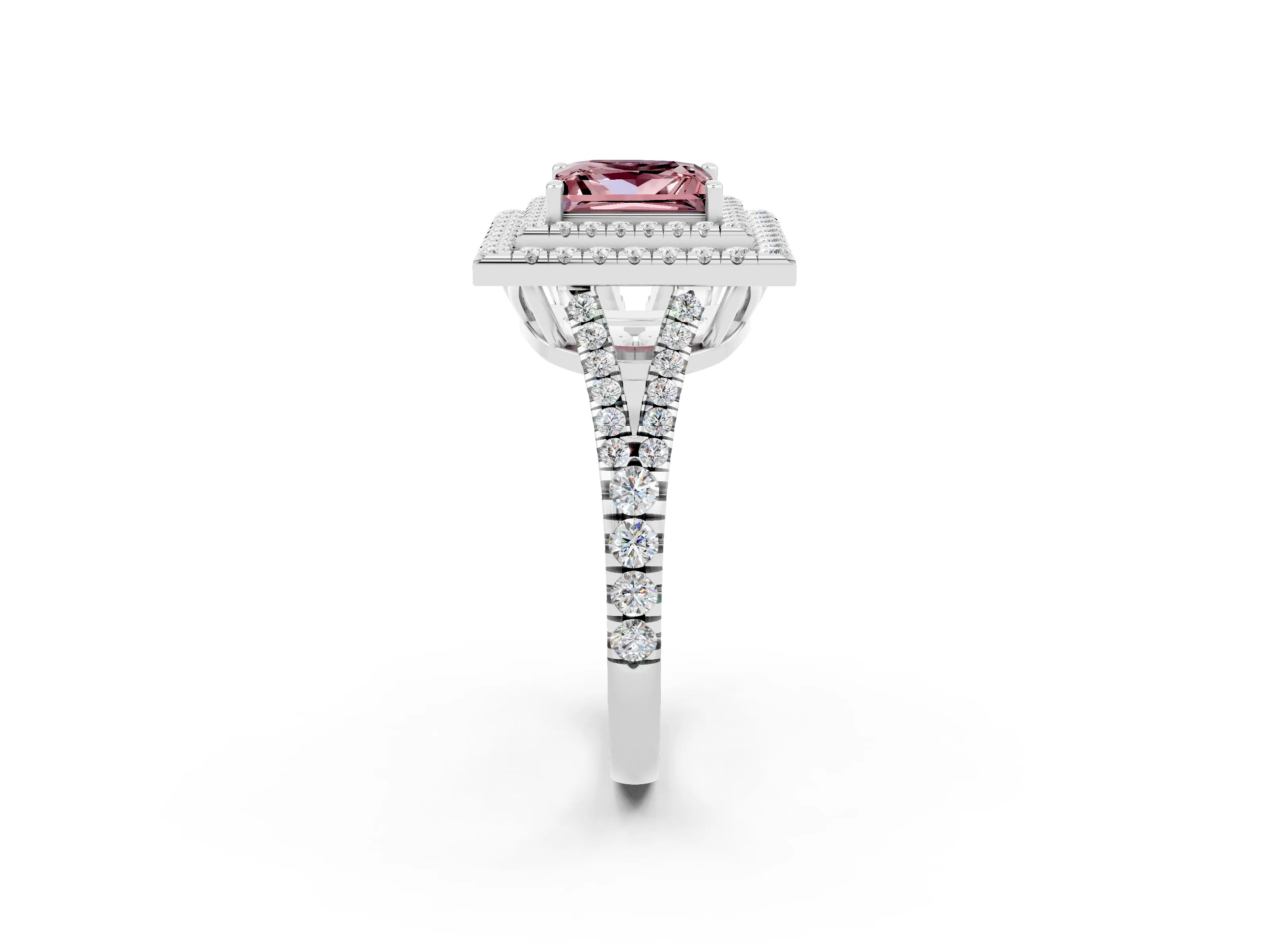 White gold Princess Cut Morganite Double Halo Ring with Pavé Band and Prong Setting_14