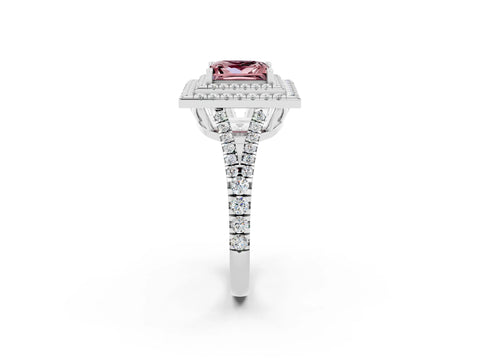 White gold Princess Cut Morganite Double Halo Ring with Pavé Band and Prong Setting_14