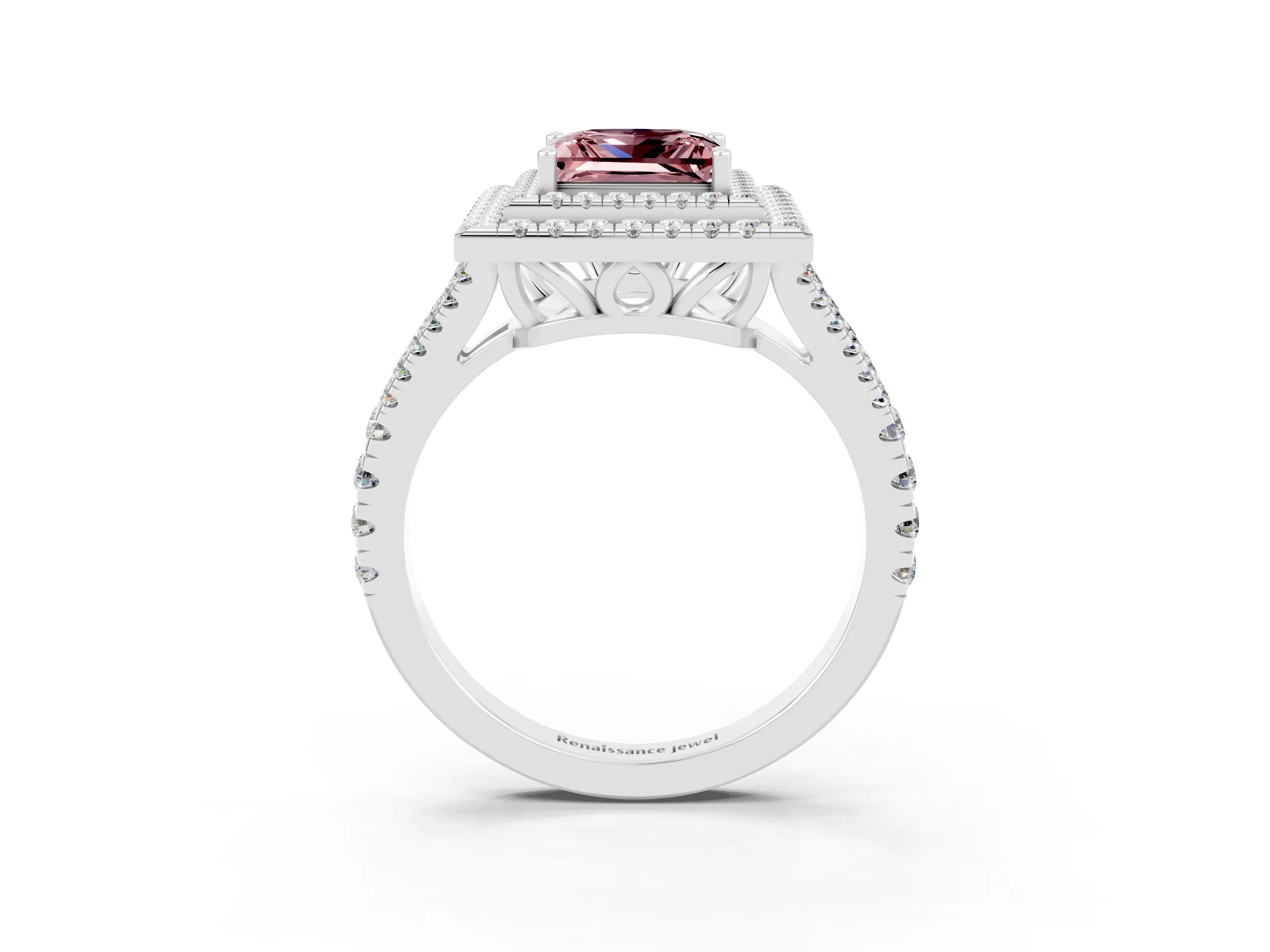 White gold Princess Cut Morganite Double Halo Ring with Pavé Band and Prong Setting_15