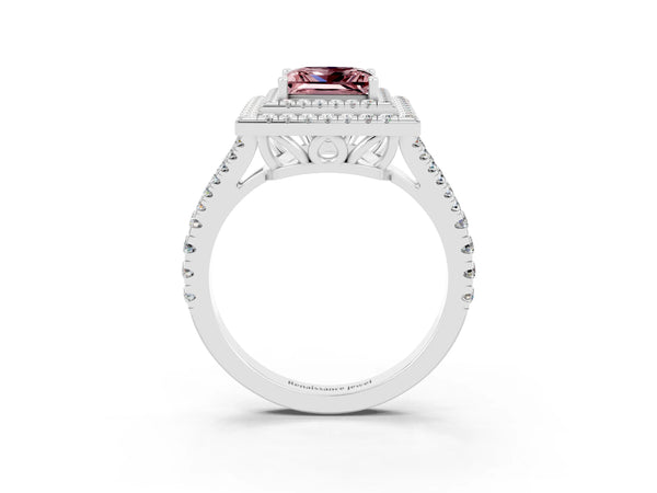 White gold Princess Cut Morganite Double Halo Ring with Pavé Band and Prong Setting