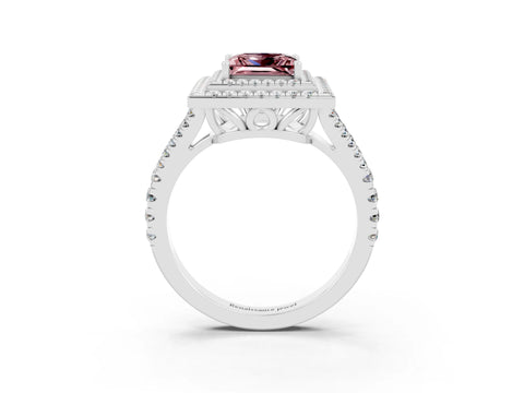 White gold Princess Cut Morganite Double Halo Ring with Pavé Band and Prong Setting_15