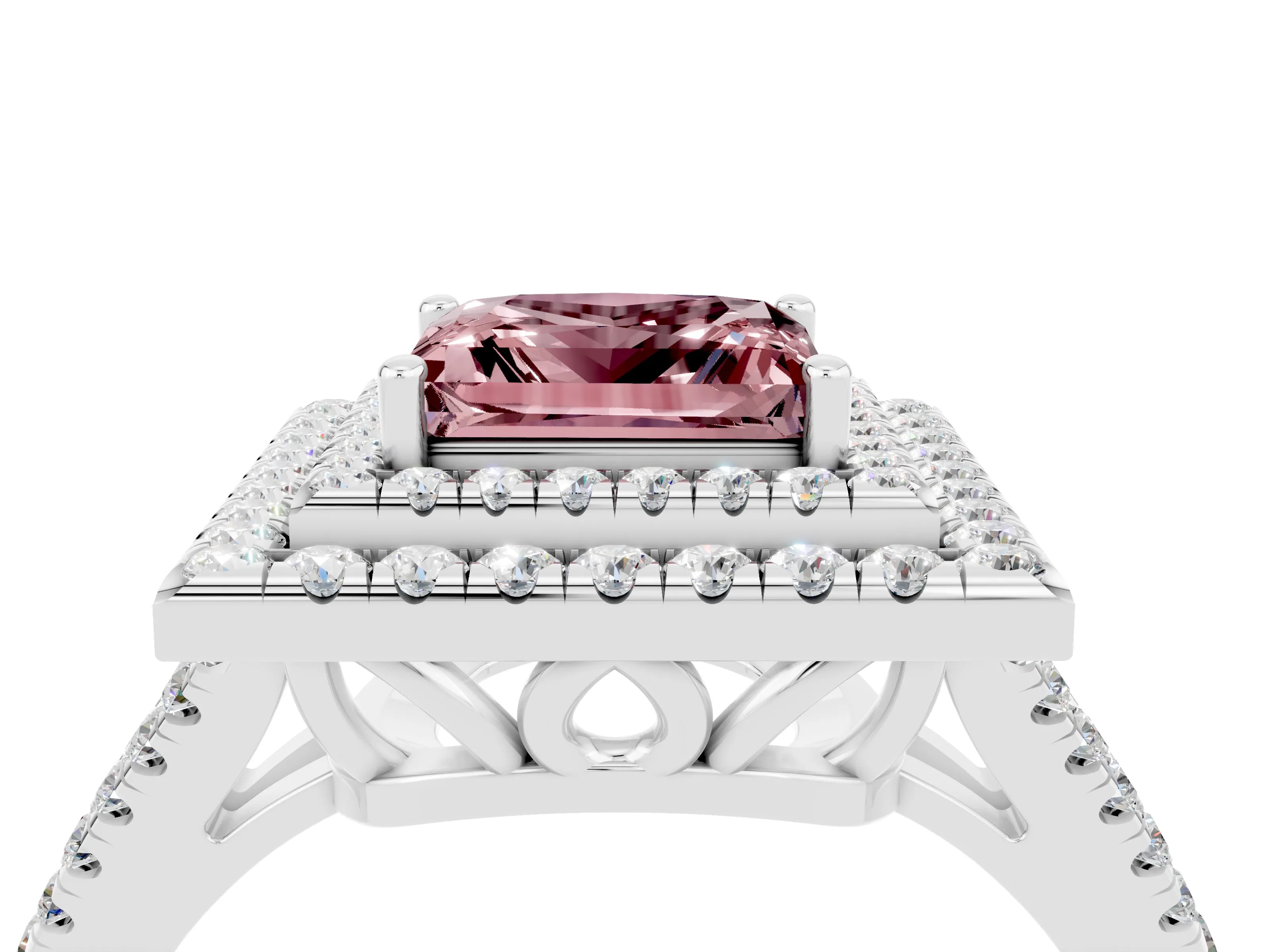 White gold Princess Cut Morganite Double Halo Ring with Pavé Band and Prong Setting_16