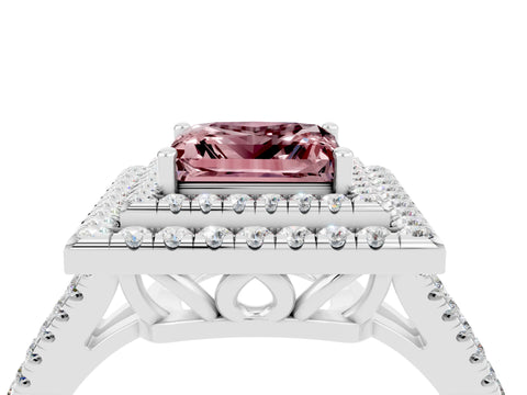 White gold Princess Cut Morganite Double Halo Ring with Pavé Band and Prong Setting_16
