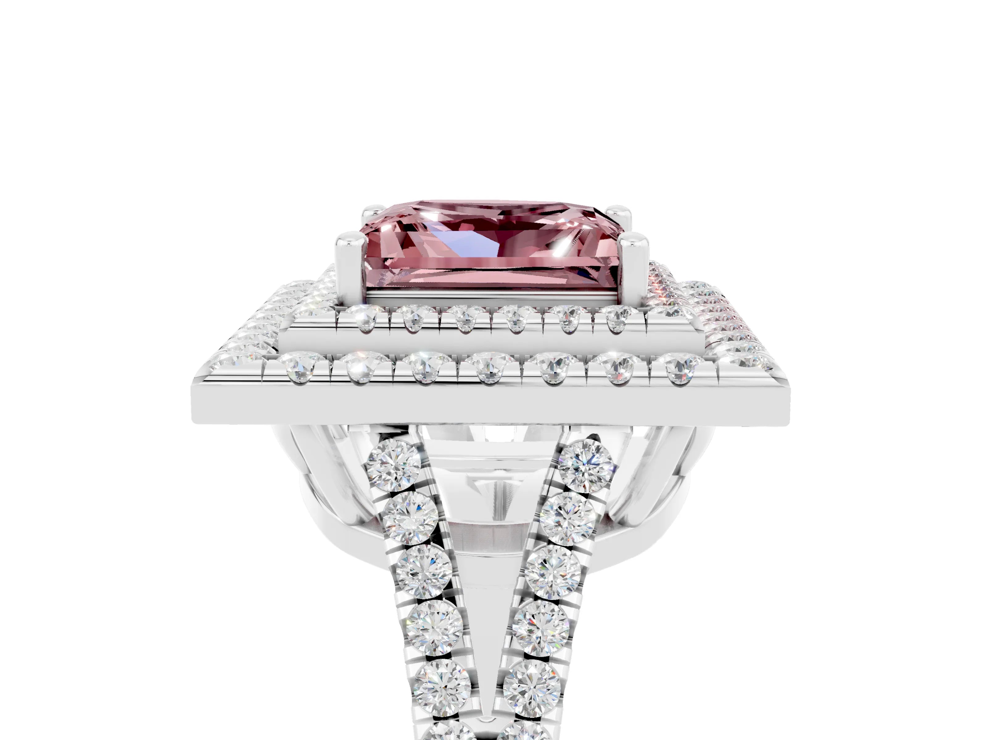 White gold Princess Cut Morganite Double Halo Ring with Pavé Band and Prong Setting_17