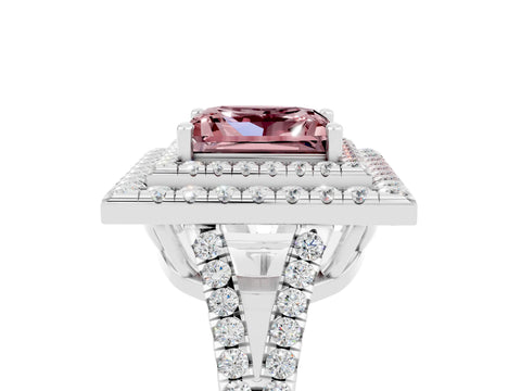 White gold Princess Cut Morganite Double Halo Ring with Pavé Band and Prong Setting_17