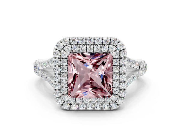 Platinum Princess Cut Morganite Double Halo Ring with Split Shank and Prong Setting