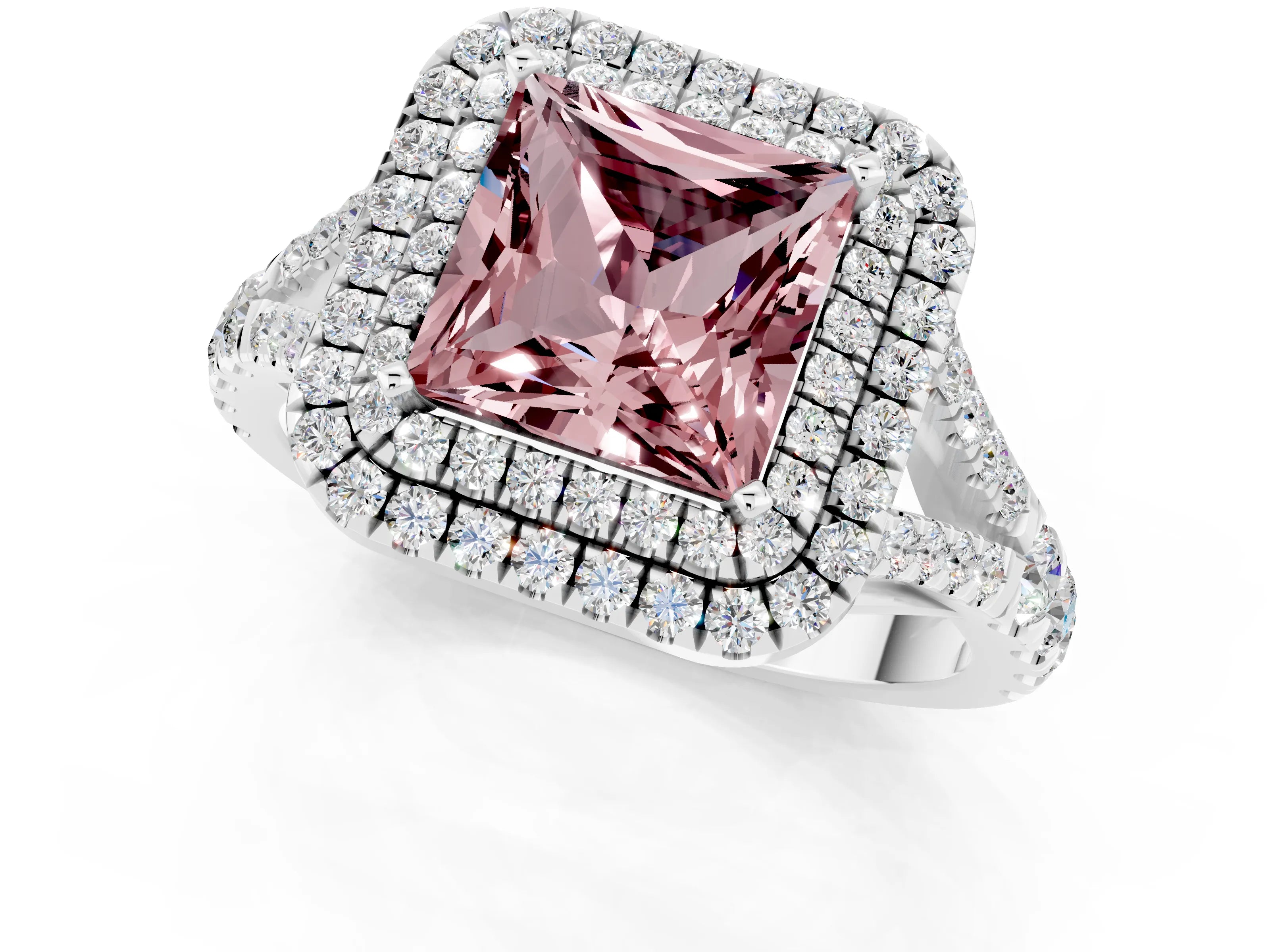 White gold Princess Cut Morganite Double Halo Ring with Split Shank and Prong Setting_25