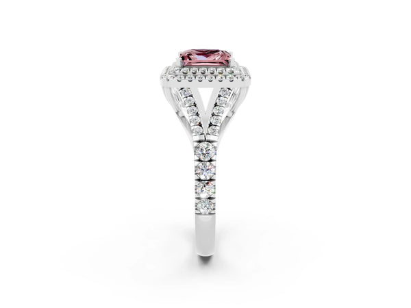 Platinum Princess Cut Morganite Double Halo Ring with Split Shank and Prong Setting