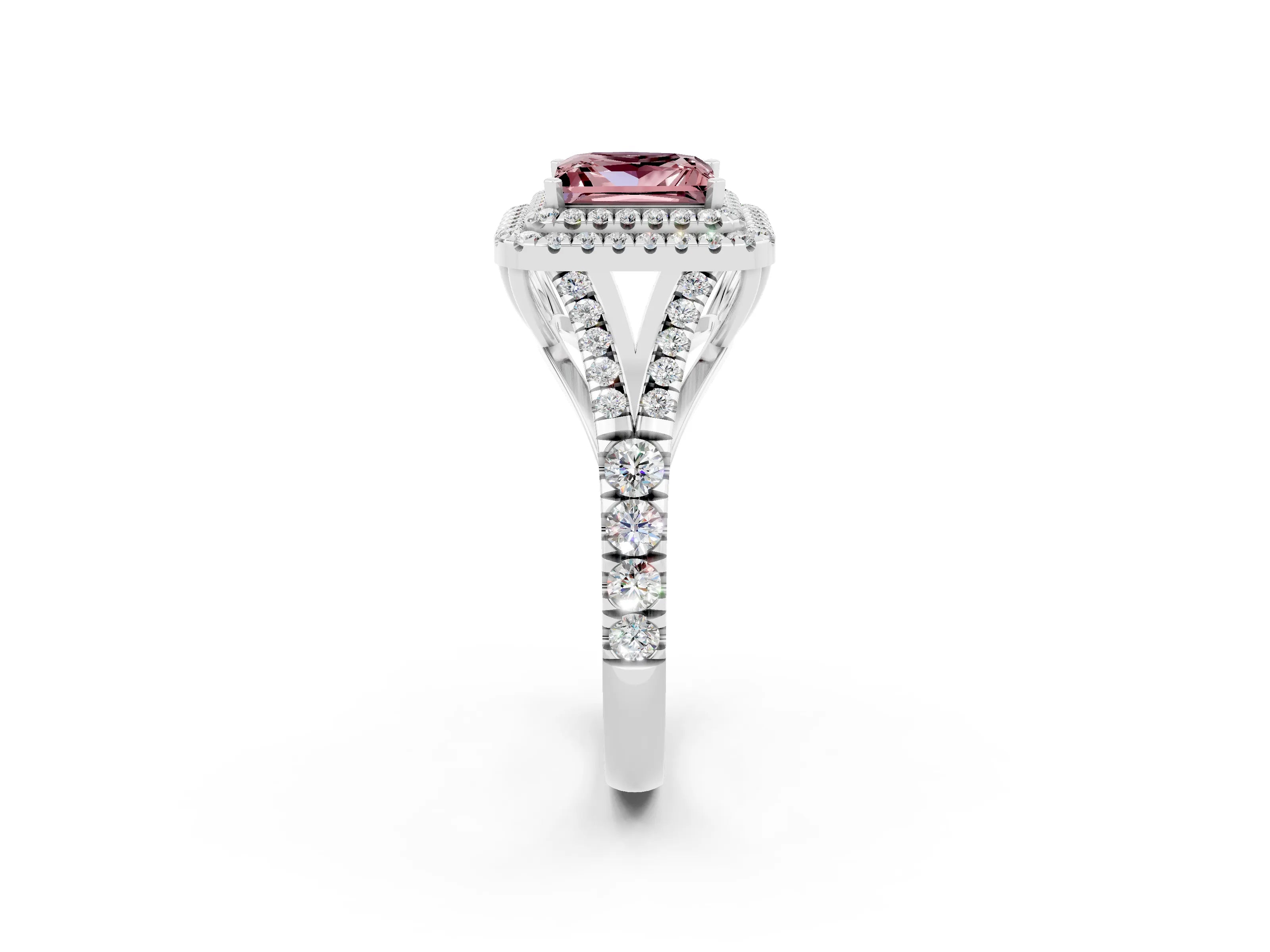 White gold Princess Cut Morganite Double Halo Ring with Split Shank and Prong Setting_26