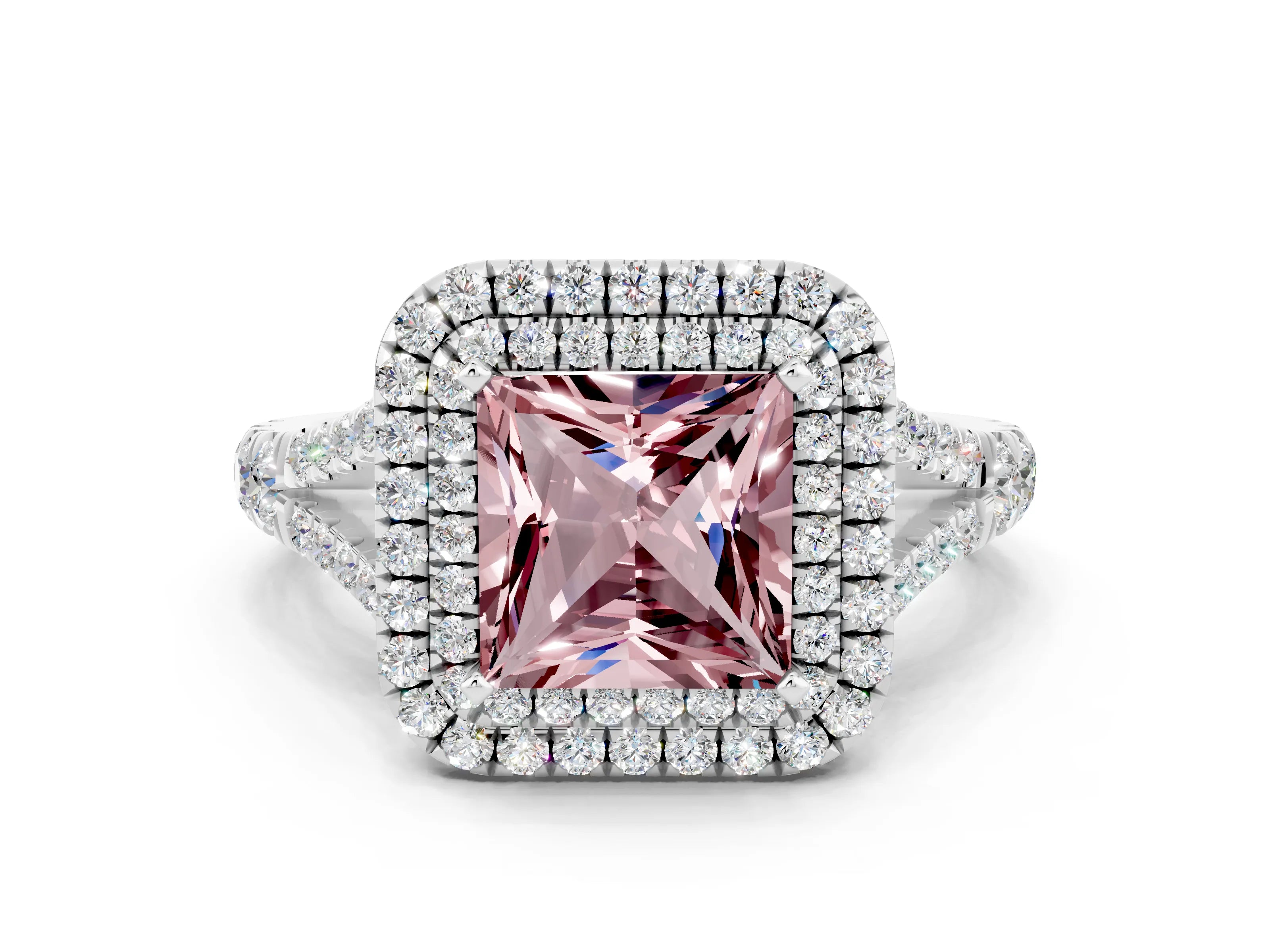 White gold Princess Cut Morganite Double Halo Ring with Split Shank and Prong Setting_36