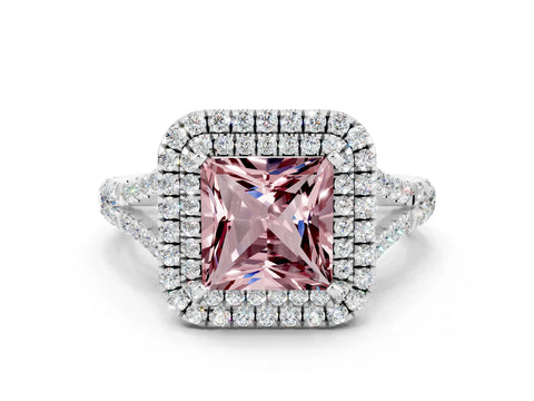 White gold Princess Cut Morganite Double Halo Ring with Split Shank and Prong Setting_36