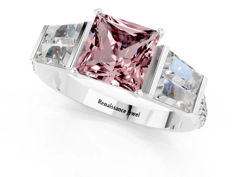 White gold Princess Cut Morganite Engagement Ring with Baguette Side Stones and Channel Set Band_1