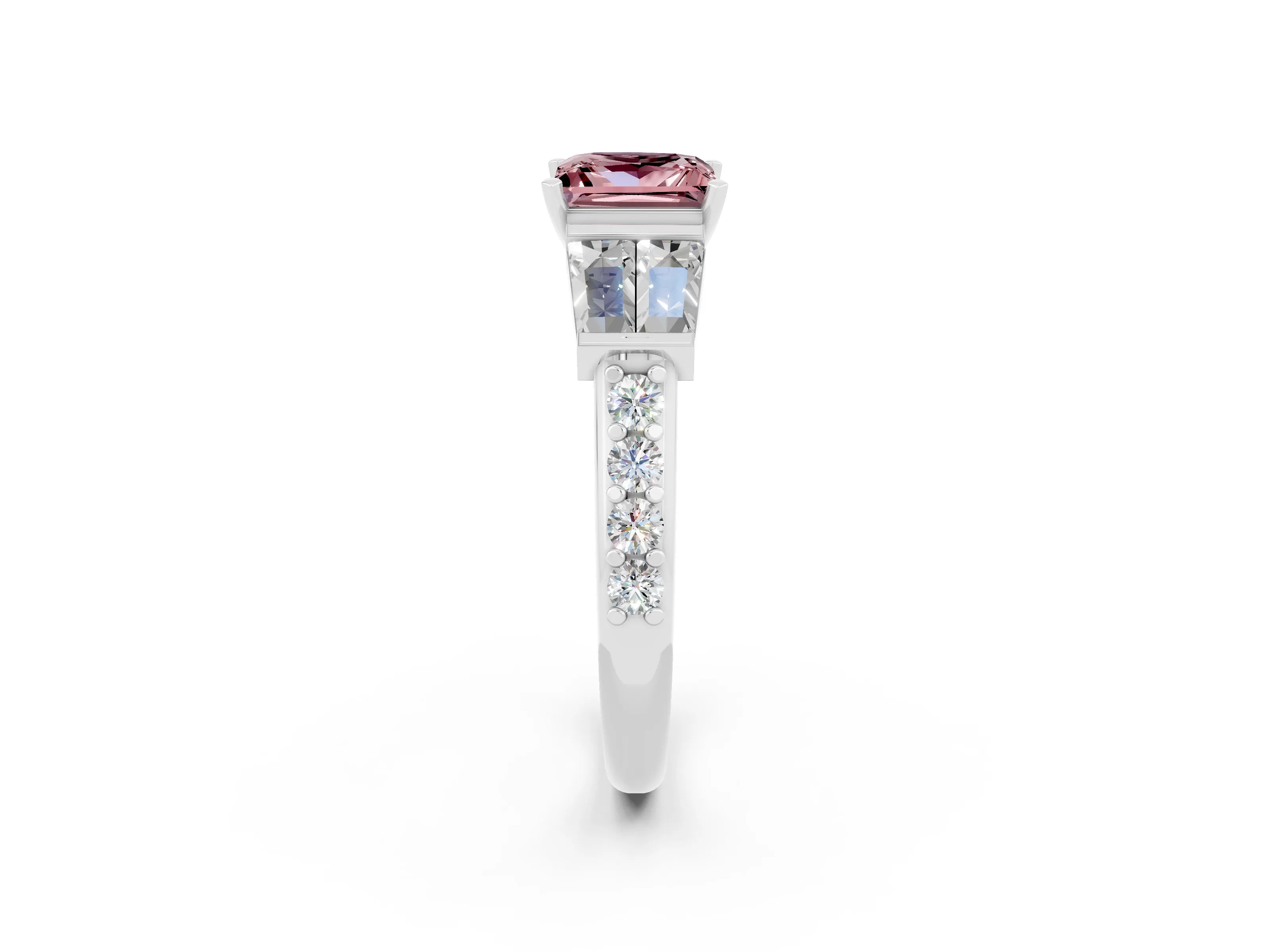 White gold Princess Cut Morganite Engagement Ring with Baguette Side Stones and Channel Set Band_2