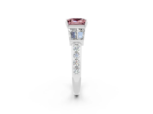 Silver Princess Cut Morganite Engagement Ring with Baguette Side Stones and Channel Set Band