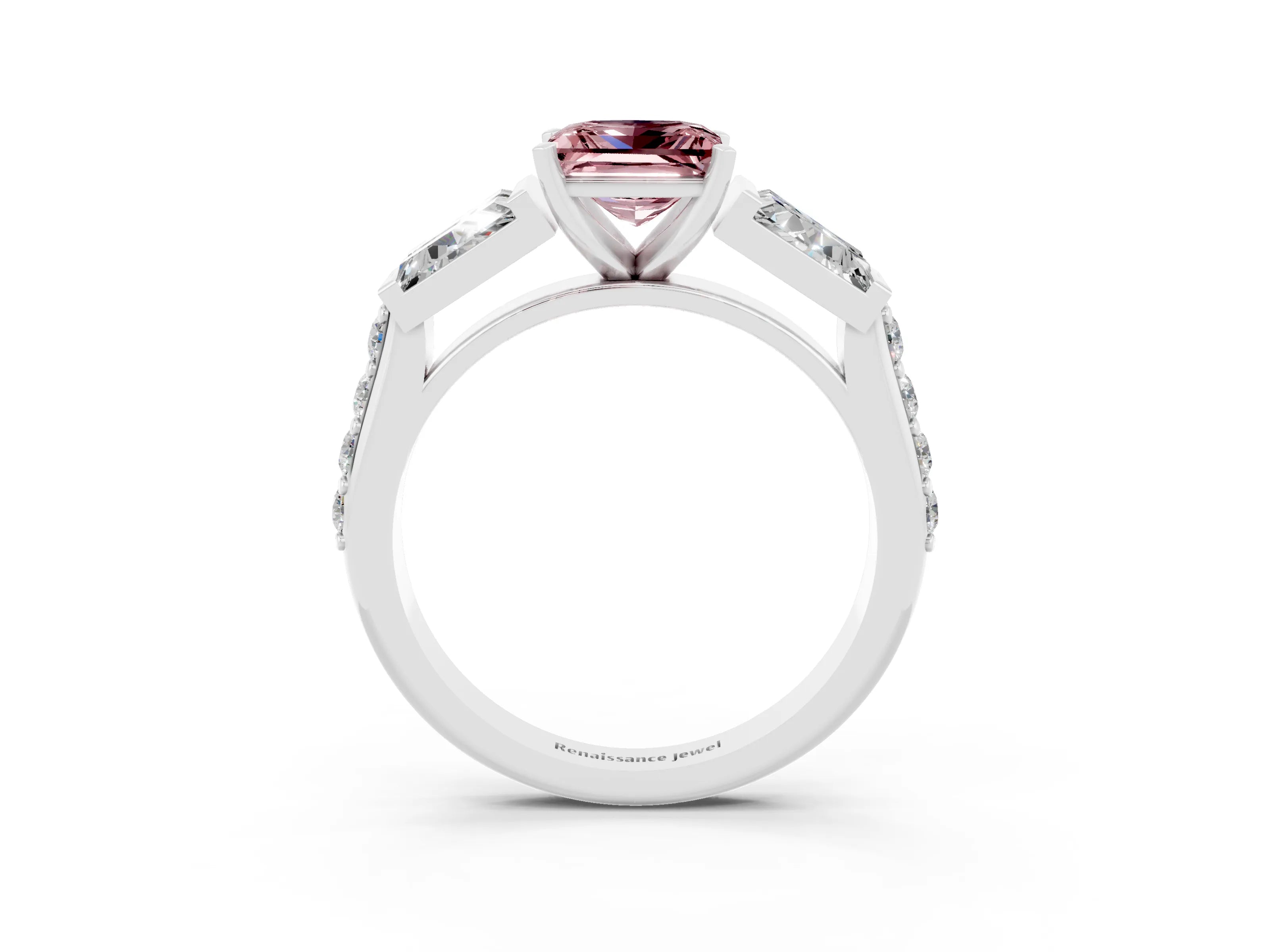 White gold Princess Cut Morganite Engagement Ring with Baguette Side Stones and Channel Set Band_3
