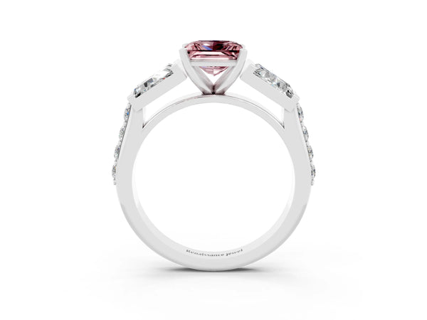 Platinum Princess Cut Morganite Engagement Ring with Baguette Side Stones and Channel Set Band