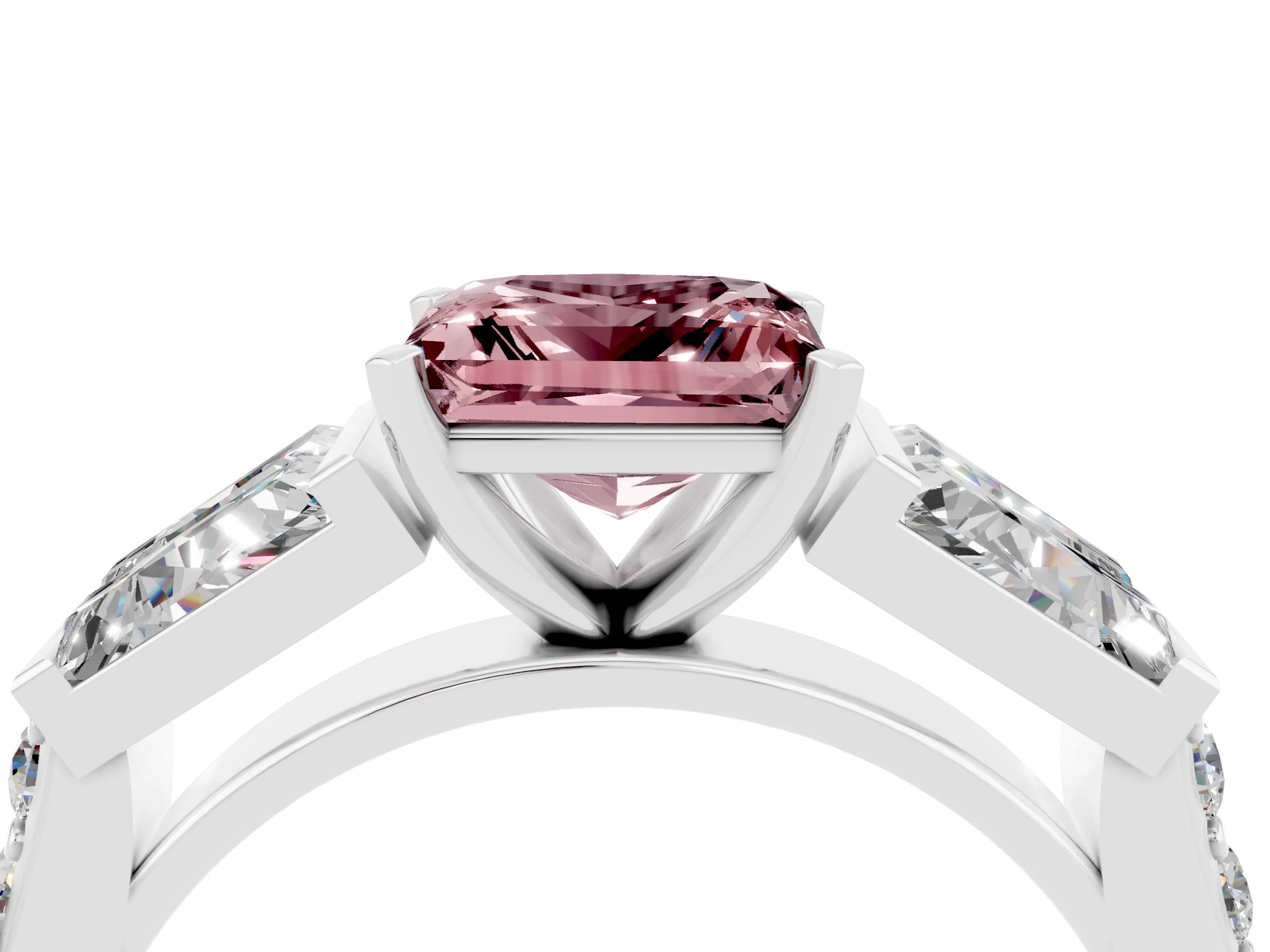 White gold Princess Cut Morganite Engagement Ring with Baguette Side Stones and Channel Set Band_4