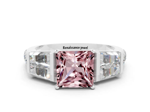 White gold Princess Cut Morganite Engagement Ring with Baguette Side Stones and Channel Set Band
