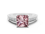 White gold Princess Cut Morganite Engagement Ring with Milgrain Channel Set Band and Prong Setting