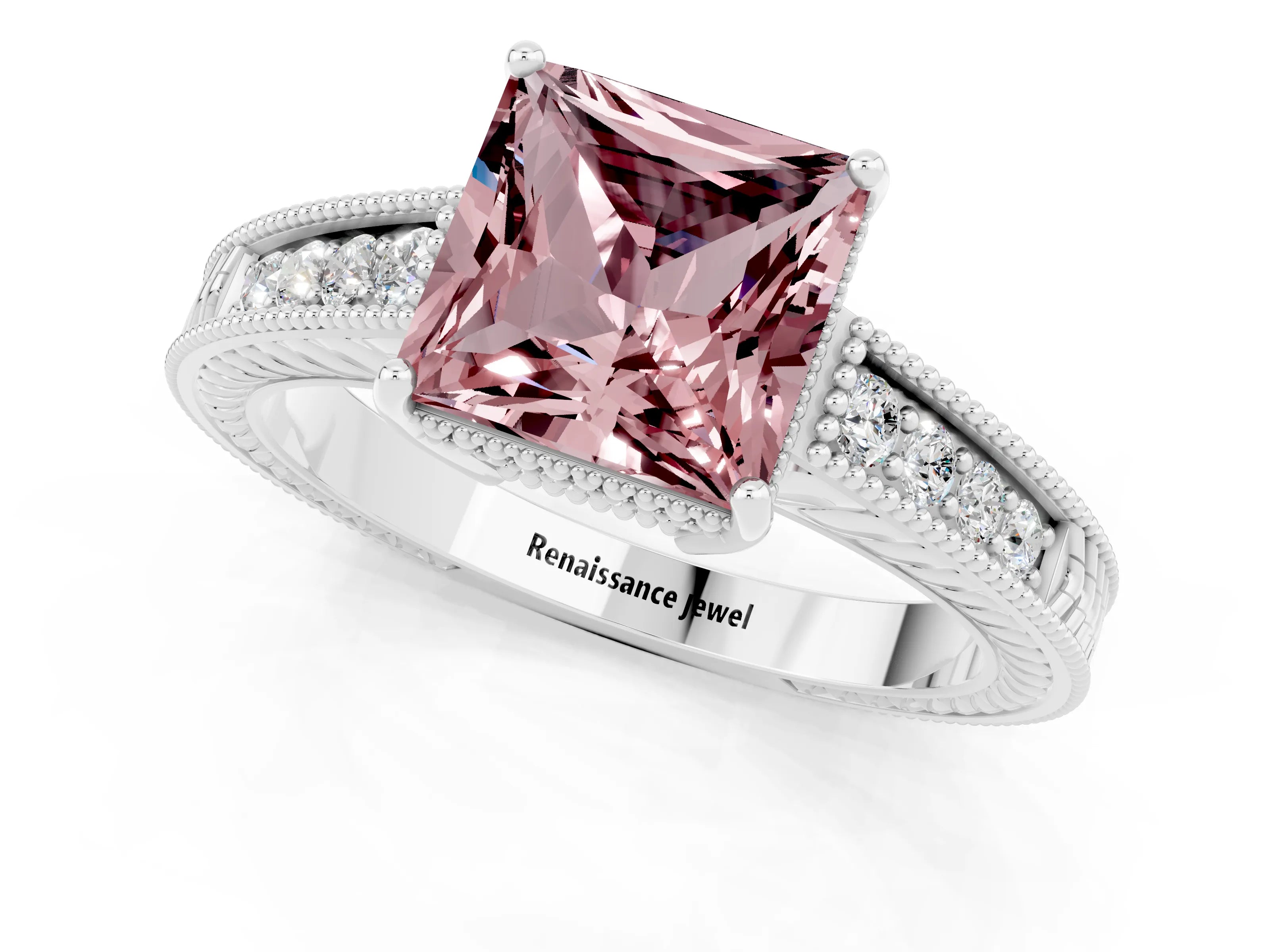 White gold Princess Cut Morganite Engagement Ring with Milgrain Channel Set Band and Prong Setting_1