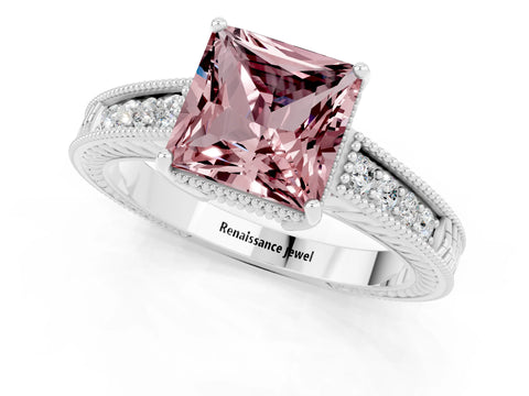 White gold Princess Cut Morganite Engagement Ring with Milgrain Channel Set Band and Prong Setting_1