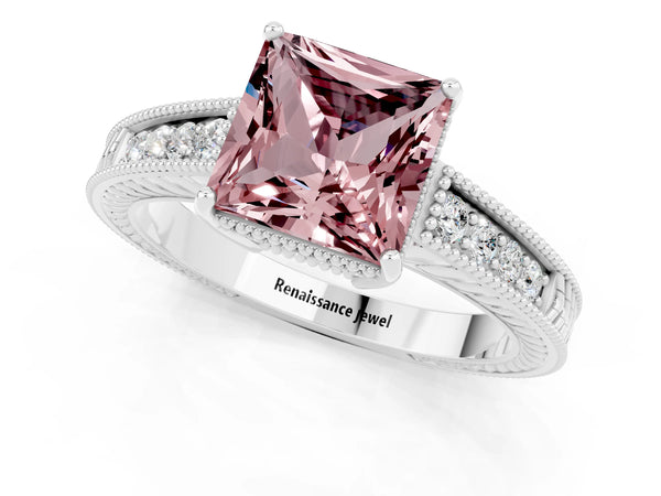 White gold Princess Cut Morganite Engagement Ring with Milgrain Channel Set Band and Prong Setting