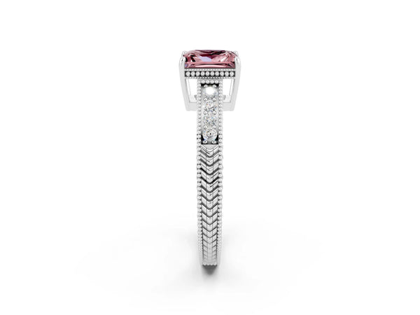 Platinum Princess Cut Morganite Engagement Ring with Milgrain Channel Set Band and Prong Setting