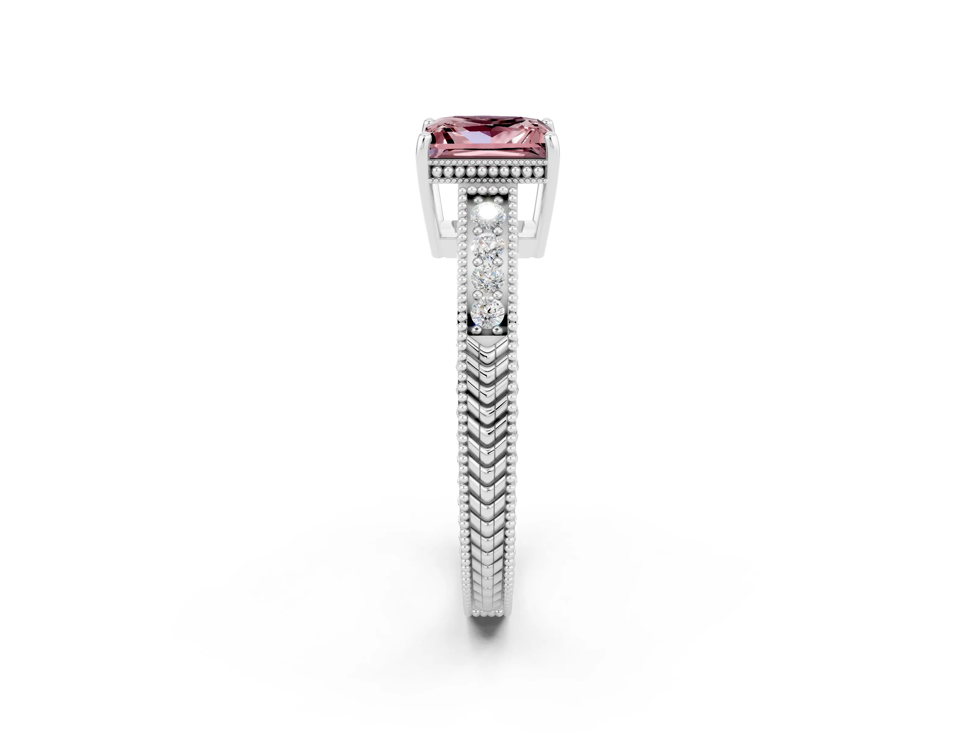 White gold Princess Cut Morganite Engagement Ring with Milgrain Channel Set Band and Prong Setting_2