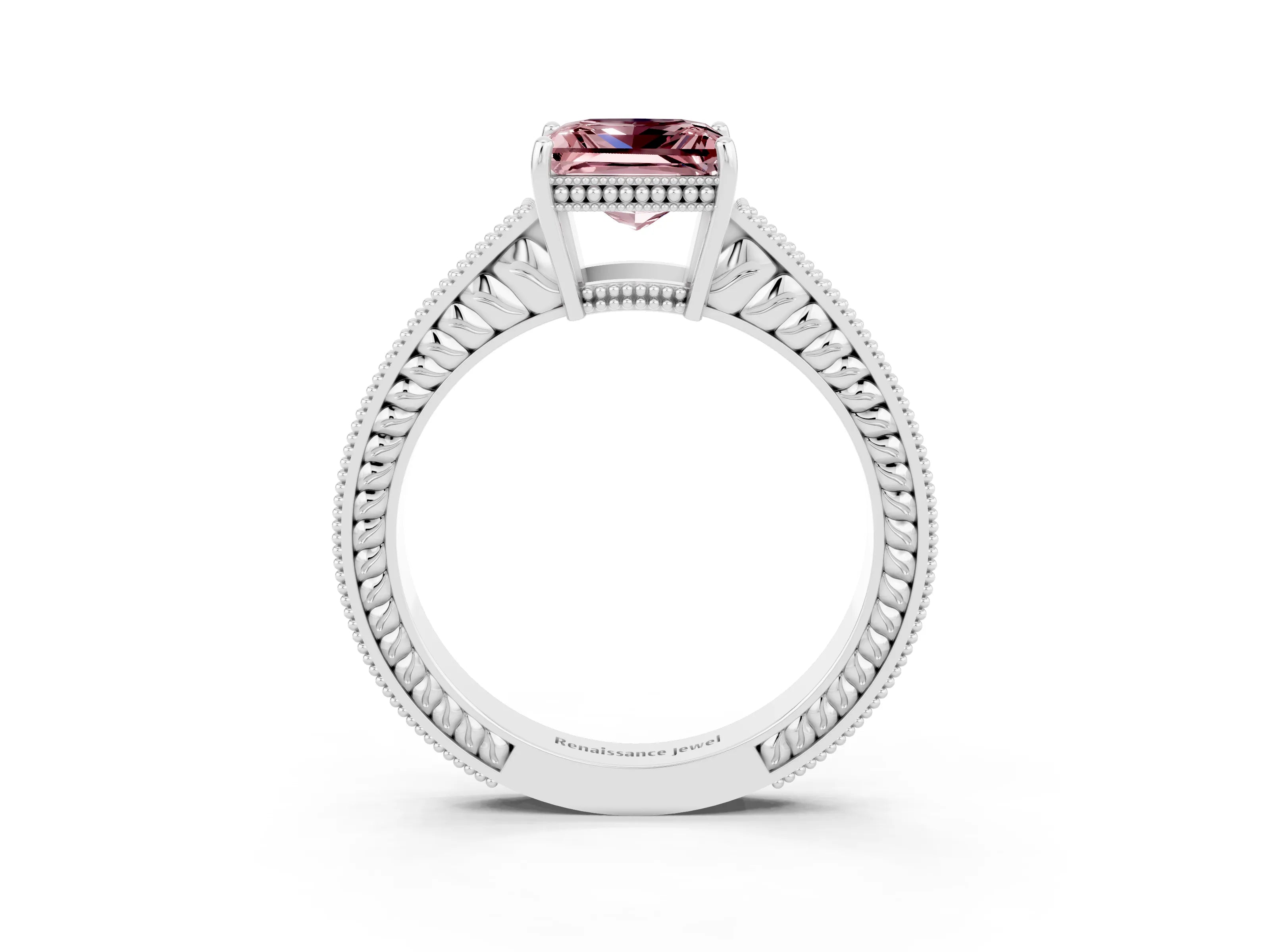 White gold Princess Cut Morganite Engagement Ring with Milgrain Channel Set Band and Prong Setting_3