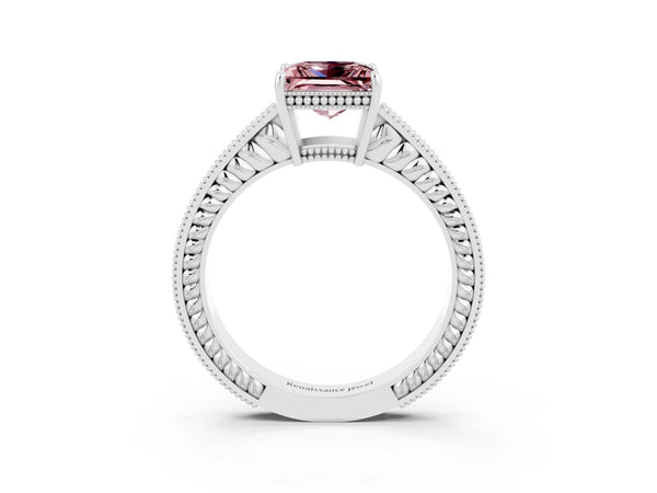 White gold Princess Cut Morganite Engagement Ring with Milgrain Channel Set Band and Prong Setting