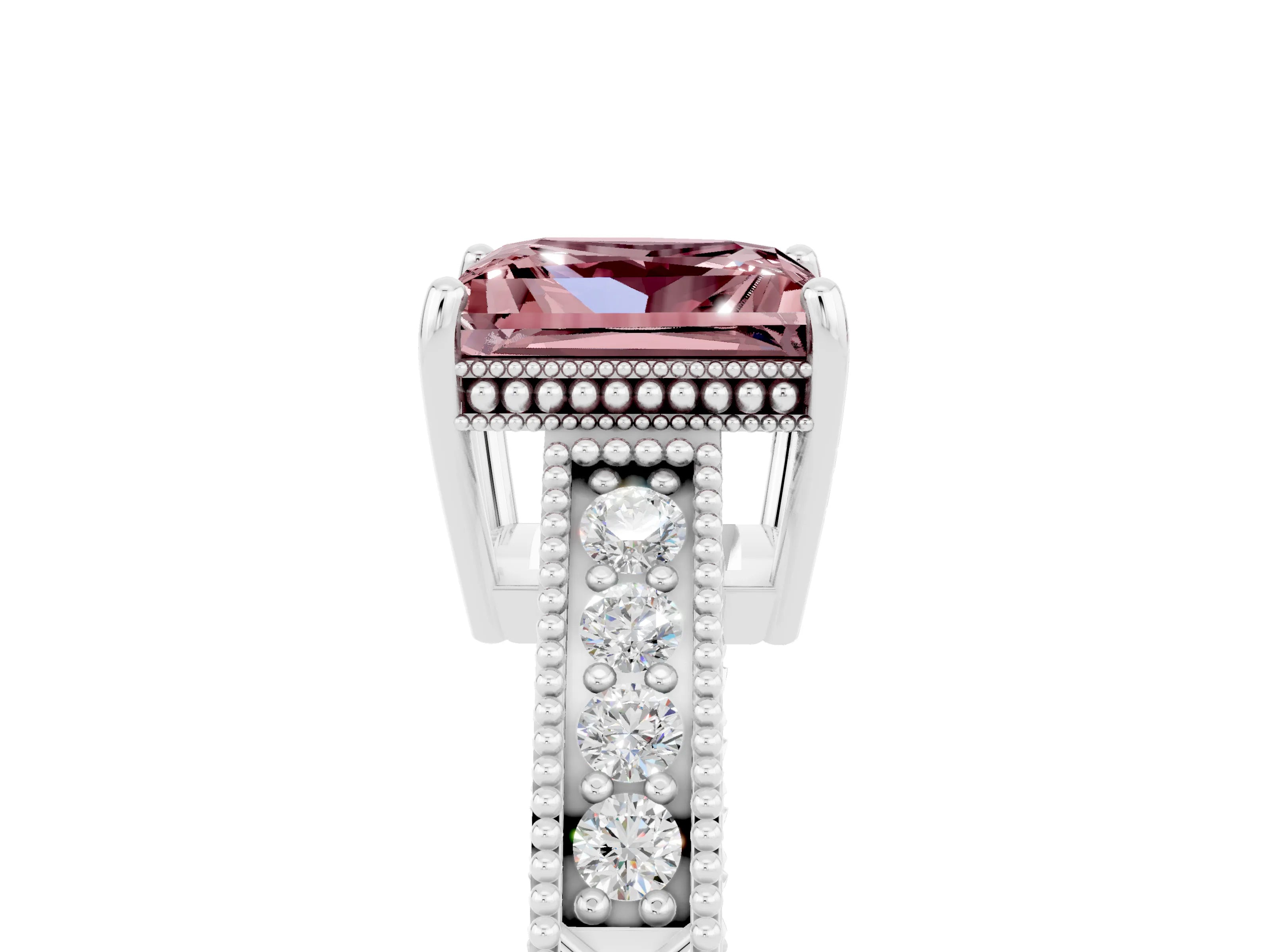 White gold Princess Cut Morganite Engagement Ring with Milgrain Channel Set Band and Prong Setting_5